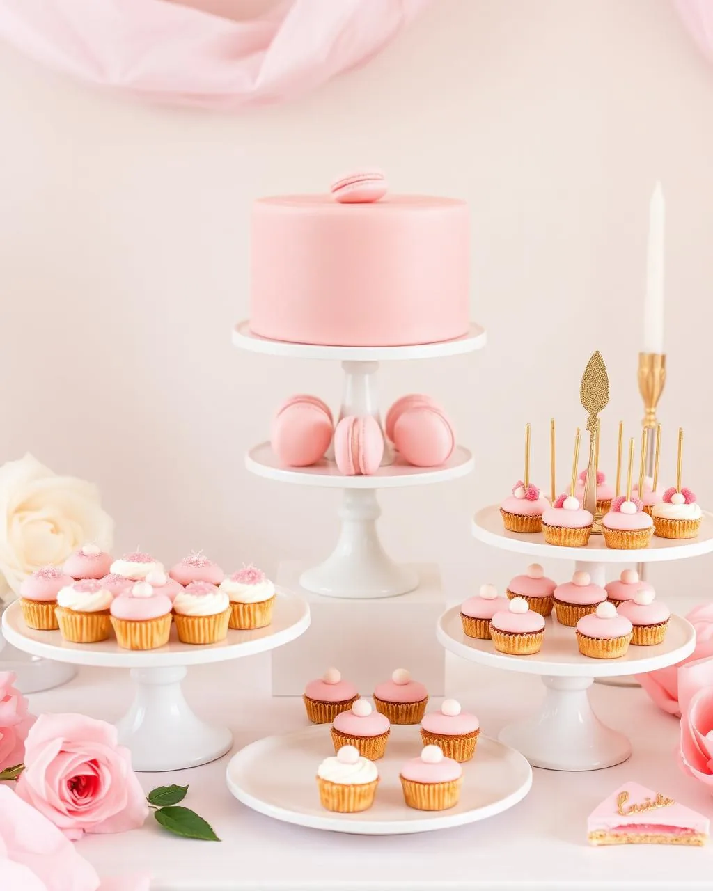 Sweet table anniversaire aux tons rose et or avec cake, macarons et cupcakes.