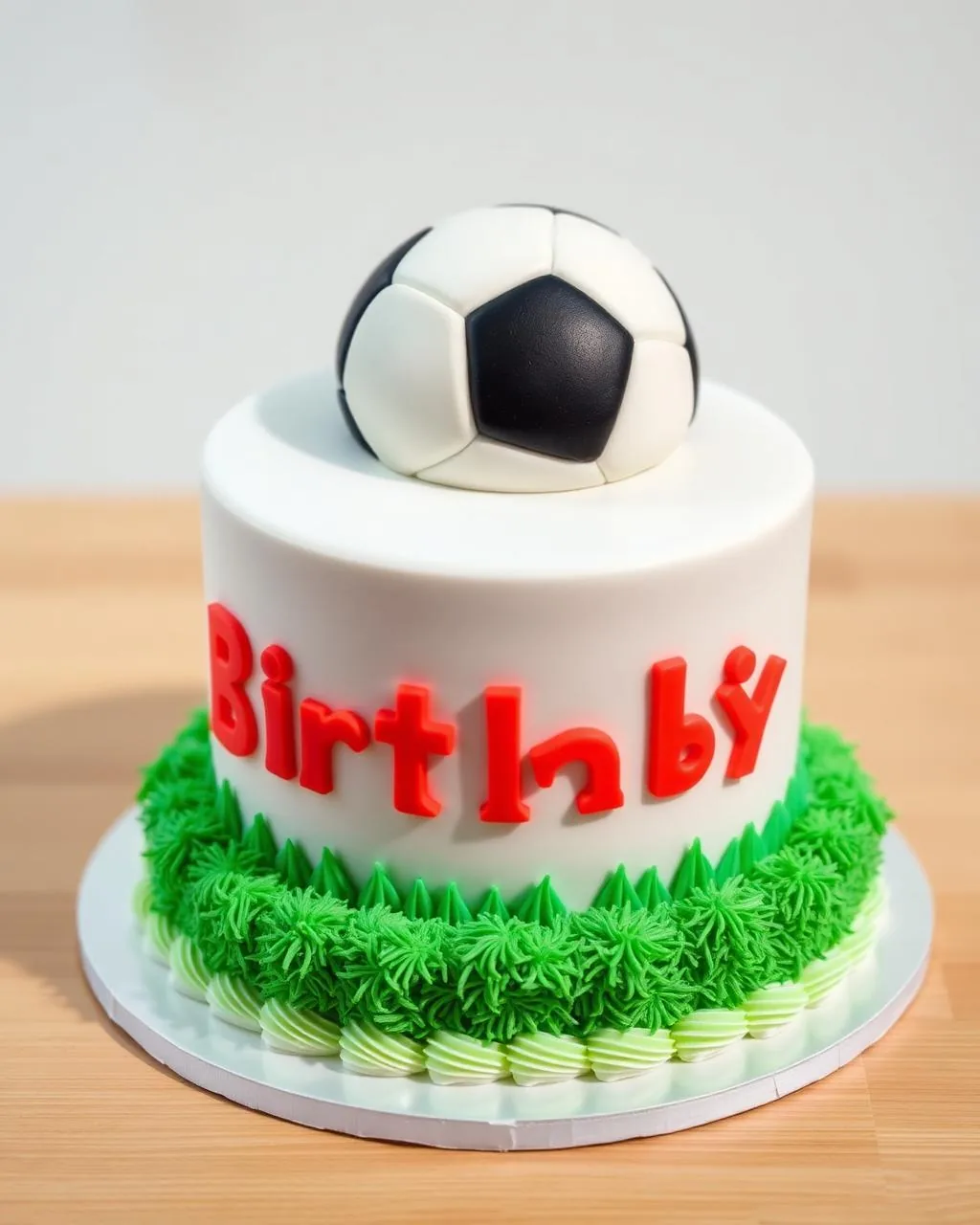 Gâteau anniversaire enfant thème football avec ballon en pâte à sucre et herbe verte.