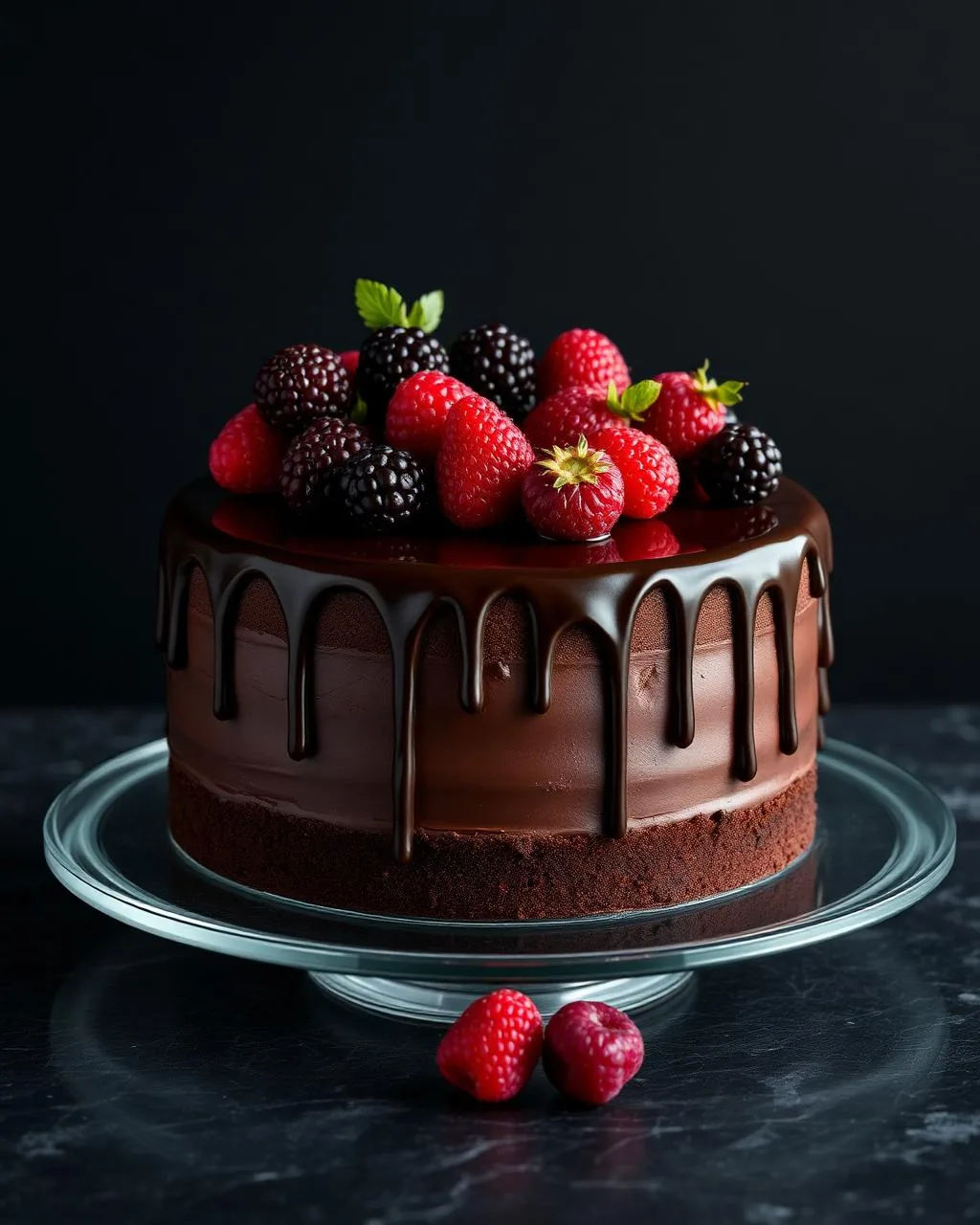 Layer cake au chocolat noir glacé miroir, garni de framboises, mûres et fraises fraîches.
