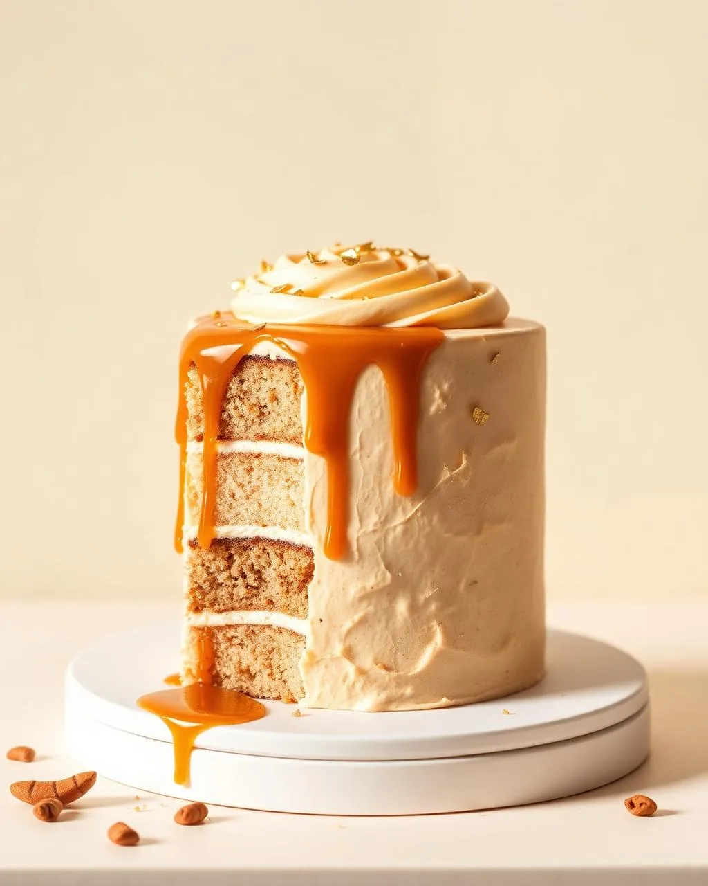 Layer cake caramel beurre salé, glaçage beige lisse et éclats d'or comestible.