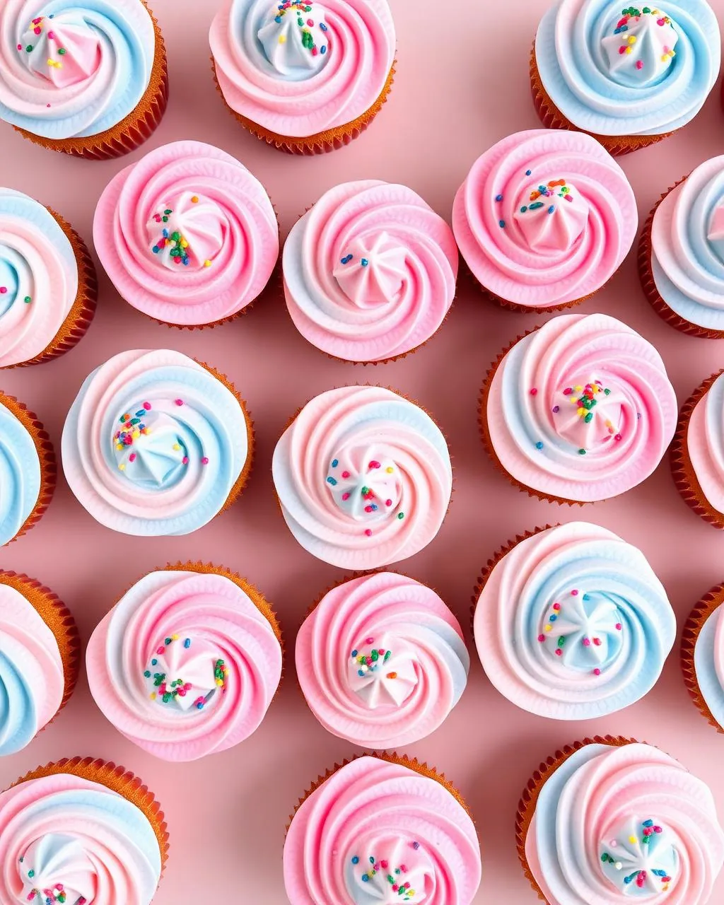 Assortiment de cupcakes au glaçage tourbillon rose et bleu pastel avec sprinkles.