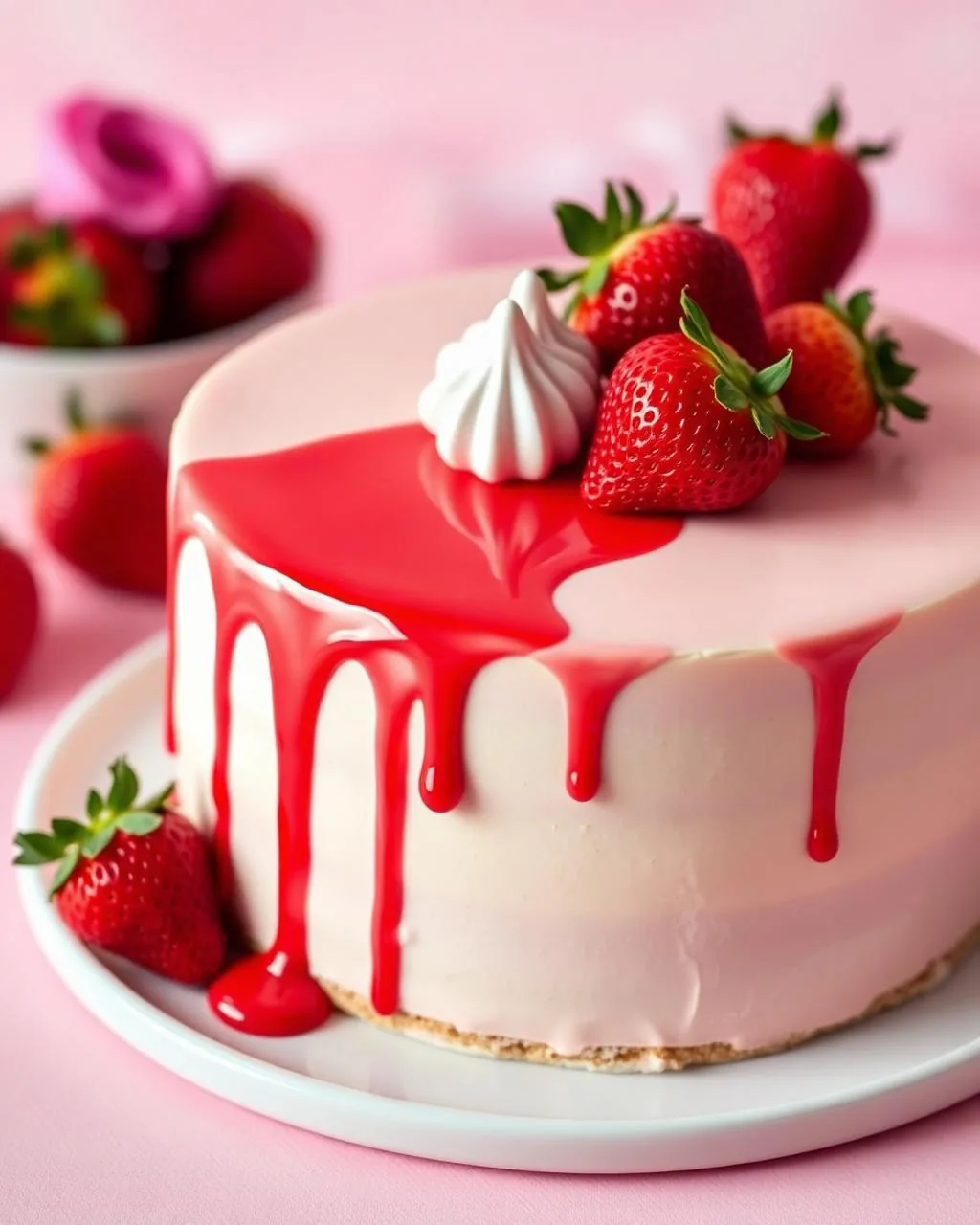 Drip cake avec coulure rouge fraise, fraises fraîches et petites meringues.