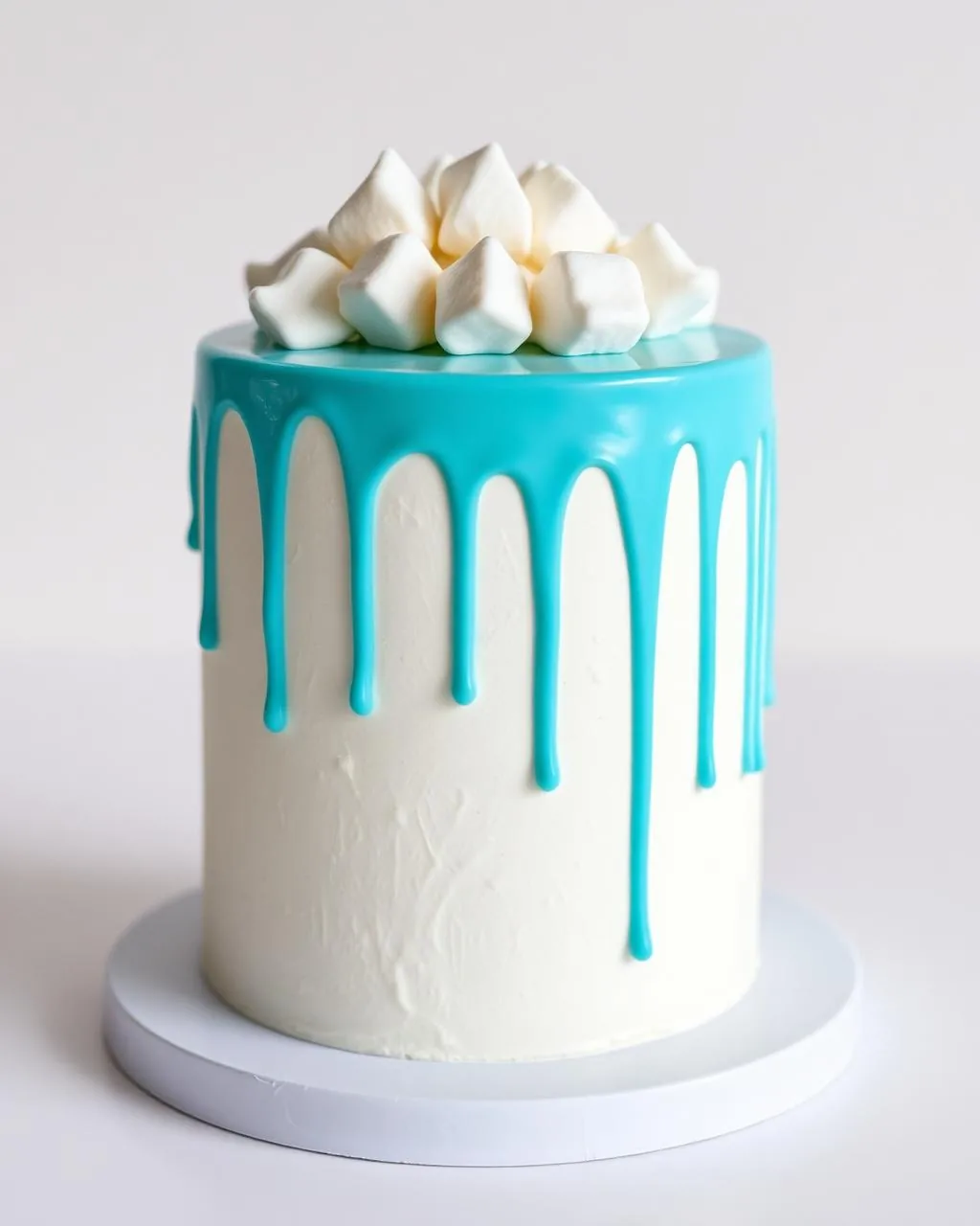 Drip cake turquoise pastel avec guimauves moelleuses en topping.