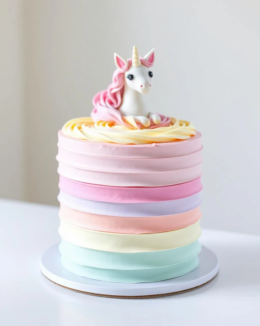 Gâteau baby shower aux couches pastel arc-en-ciel avec petite licorne en pâte à sucre.