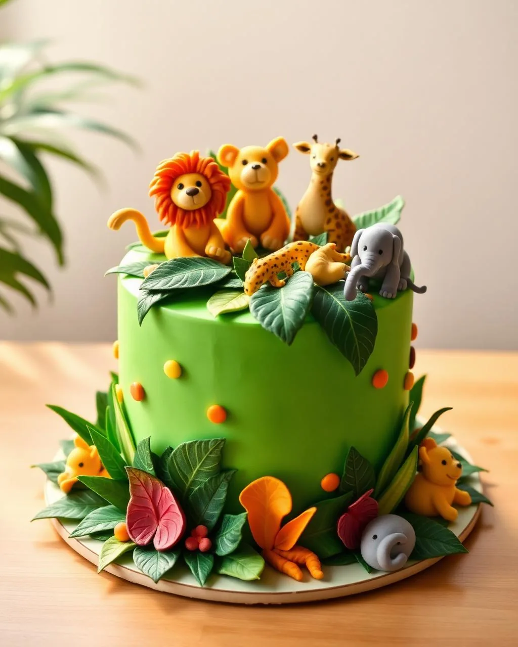 Gâteau anniversaire enfant thème jungle avec petits animaux en pâte à sucre et feuilles tropicales.