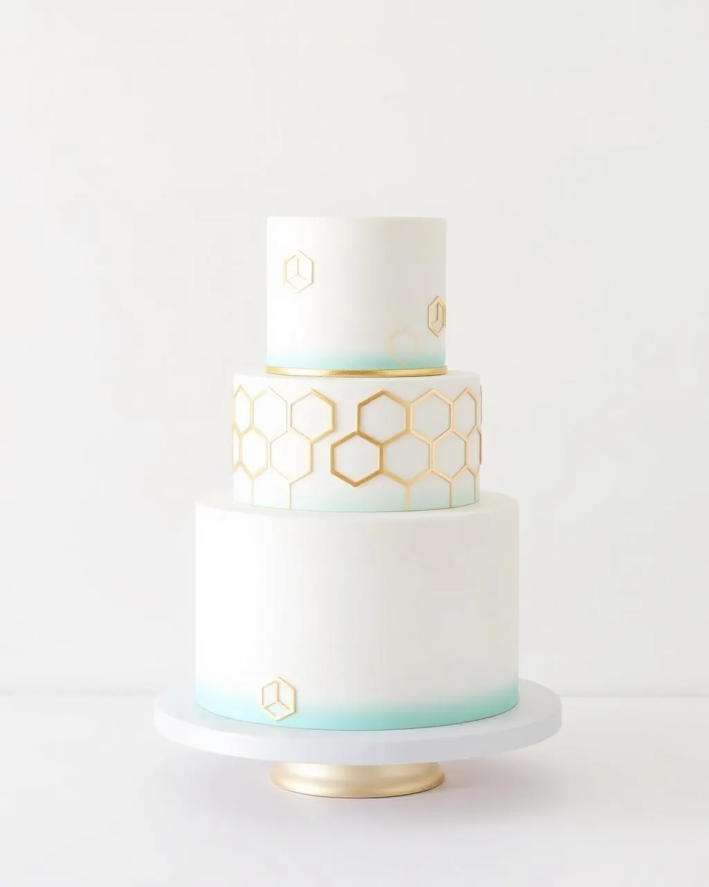 Wedding cake blanc et turquoise avec motifs géométriques hexagonaux dorés.