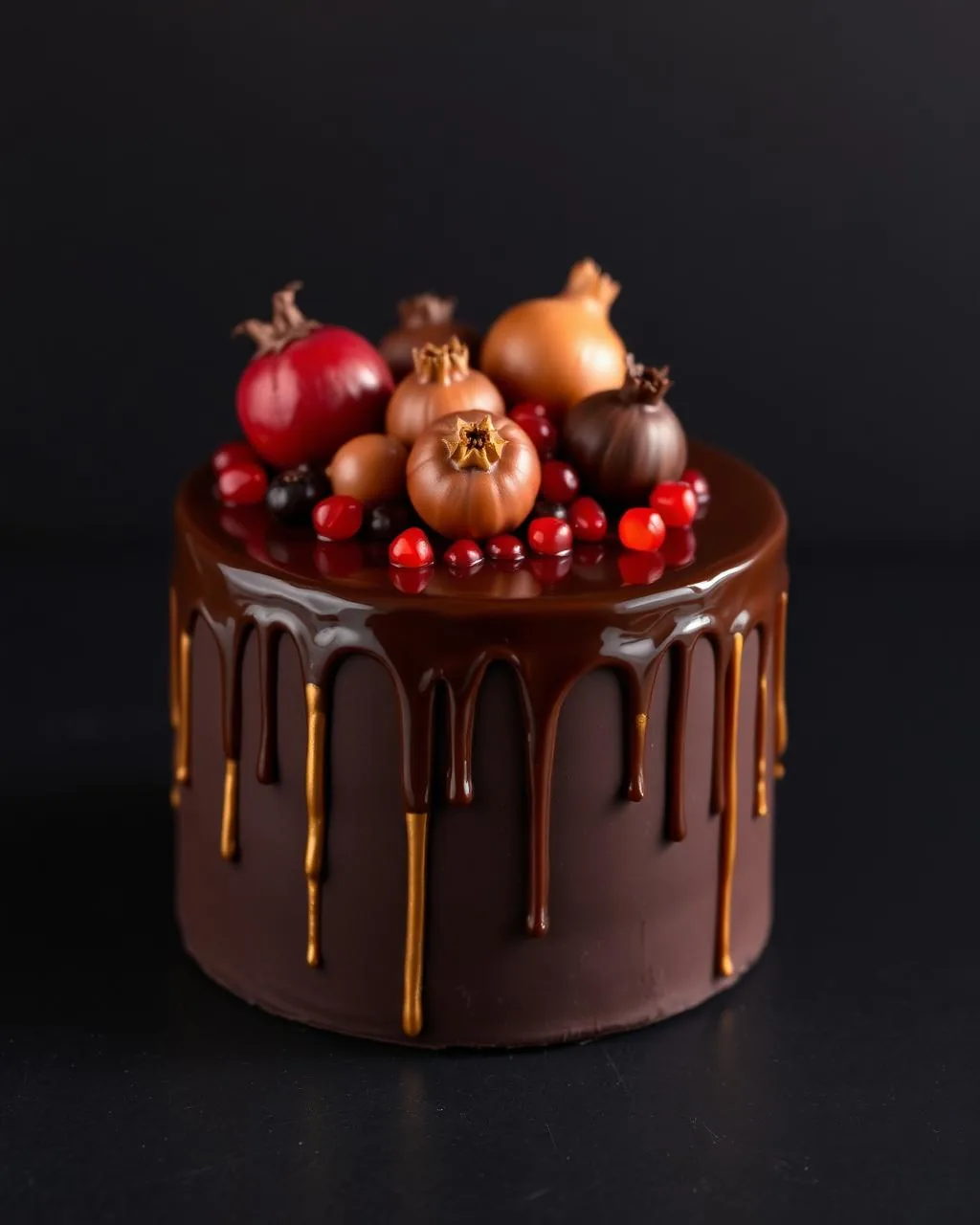 Drip cake chocolat noir avec coulure or, physalis et grenades.