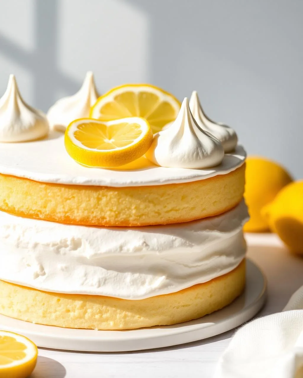 Layer cake citron avec meringues italiennes torchées et zestes de citron frais.