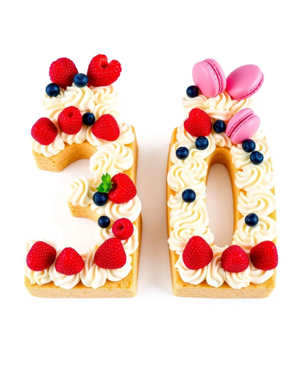 Number cake chiffres 30 avec crème fouettée, framboises, myrtilles et macarons roses.