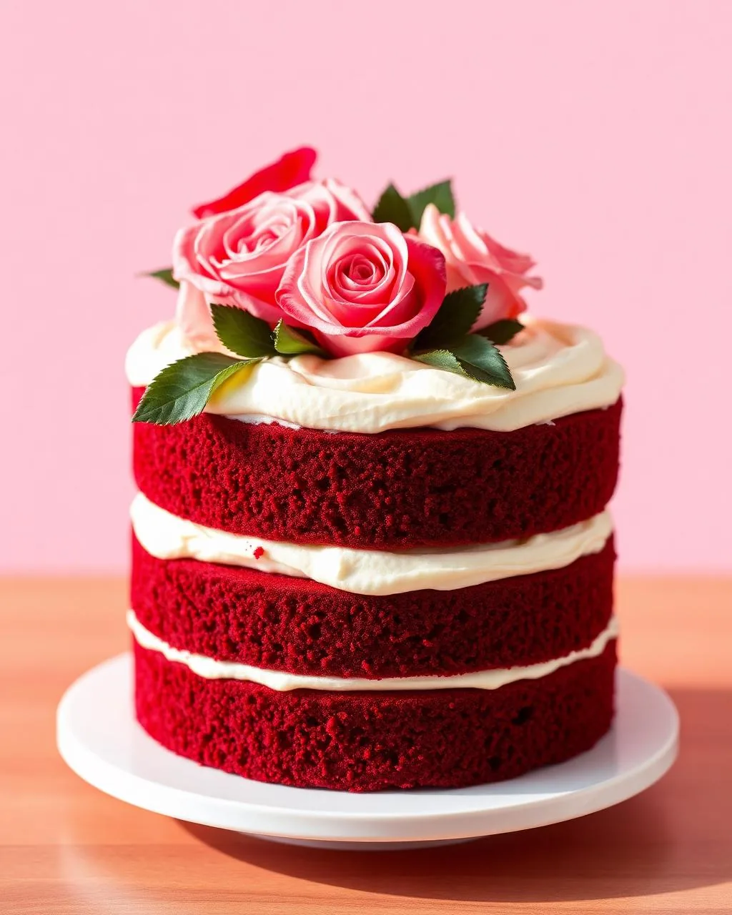 Layer cake red velvet au glaçage cream cheese avec roses fraîches roses en couronne.