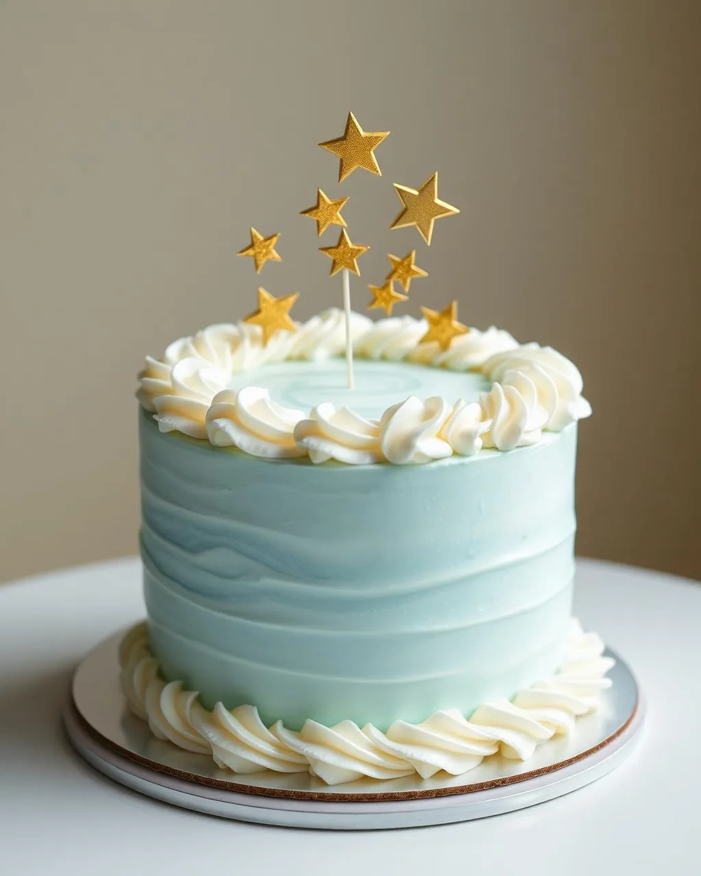 Gâteau de baptême bleu pastel avec nuages blancs et étoiles dorées.