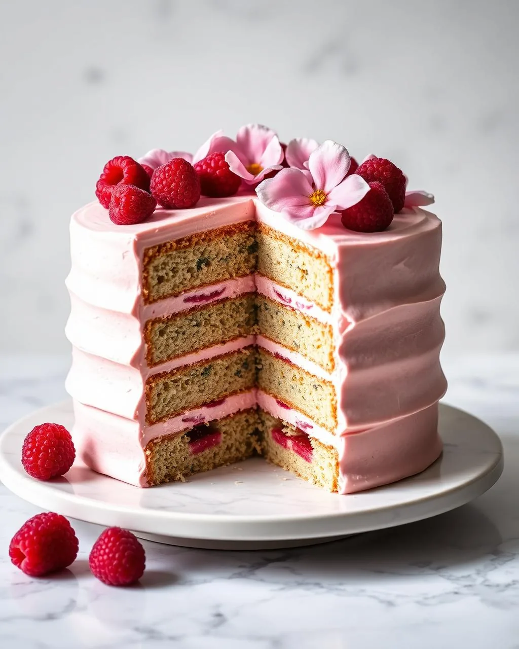 Layer cake moderne aux couches de génoise pistache et crème framboise, décoré de framboises fraîches et fleurs comestibles roses.