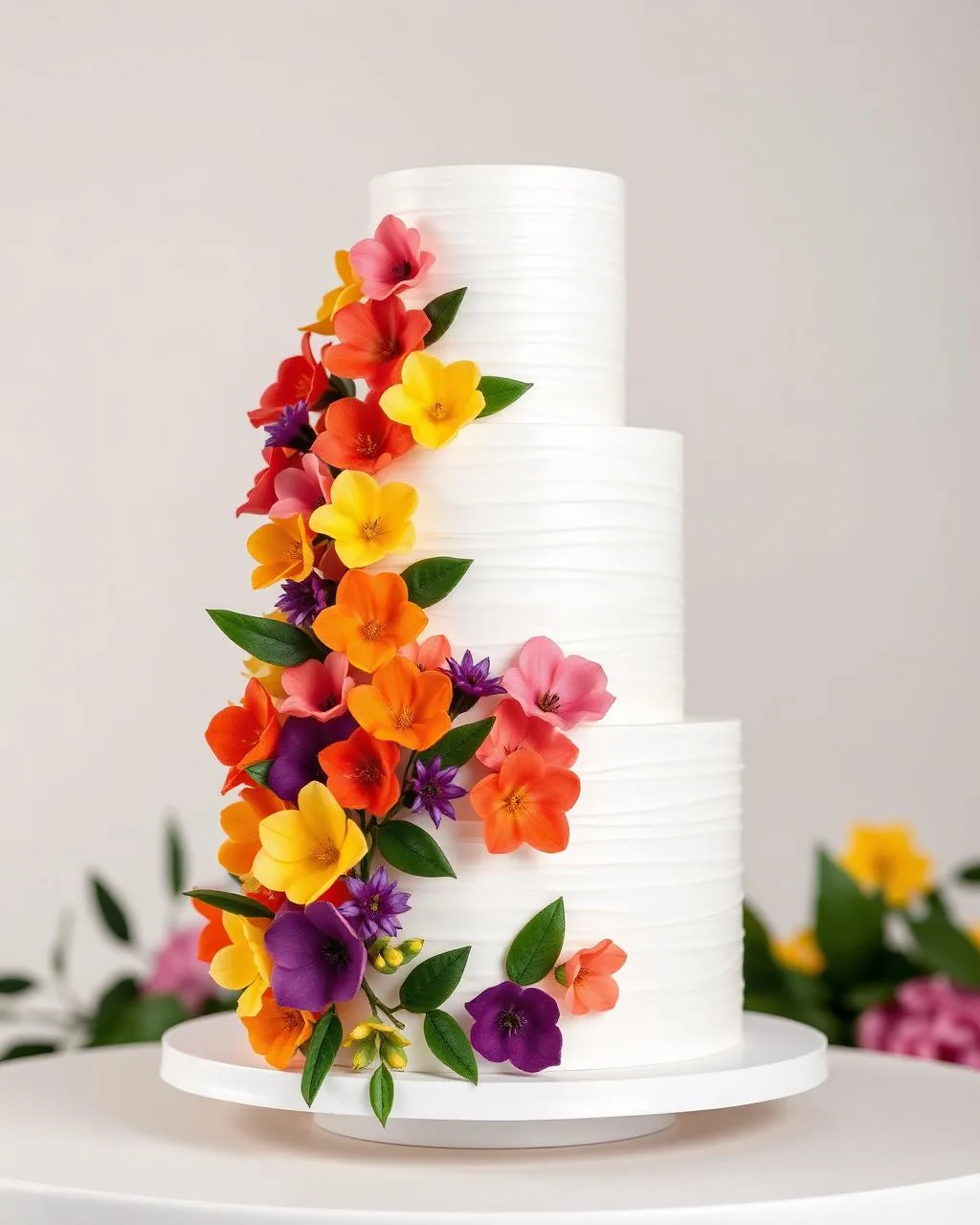 Wedding cake blanc texturé avec cascade de fleurs comestibles multicolores.