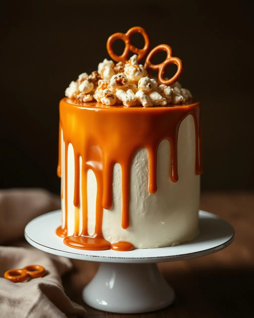 Drip cake avec coulure de caramel ambré et décor de popcorn sucré.