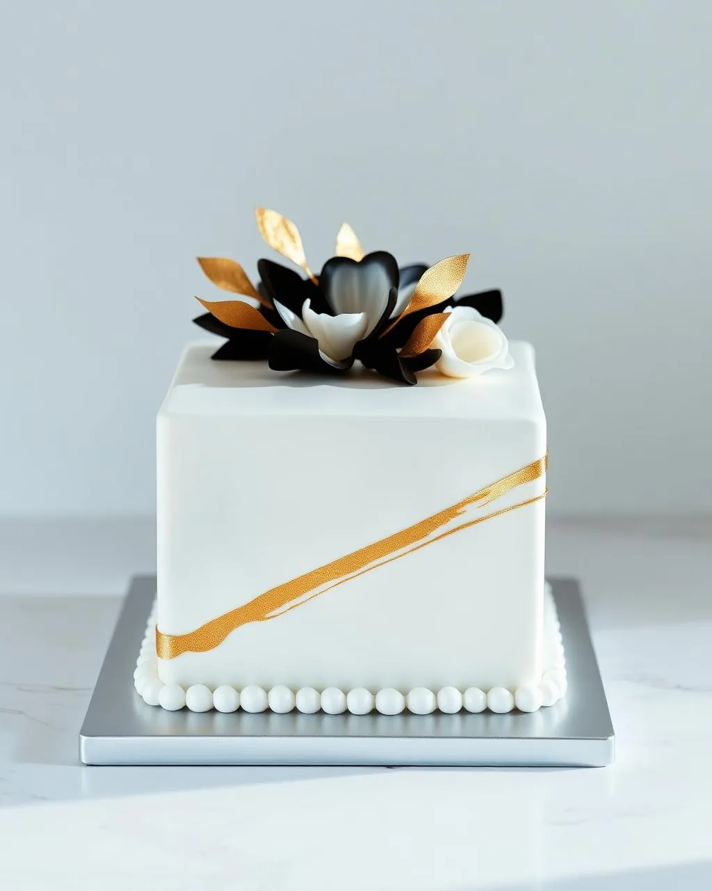 Gâteau événement d'entreprise carré blanc épuré avec touches dorées et fleur en sucre.