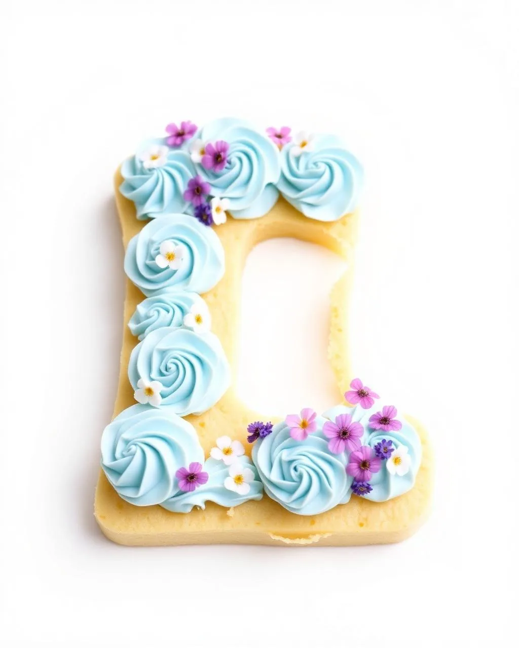 Number cake chiffre 1 bleu pastel avec rosaces de crème et fleurs comestibles.
