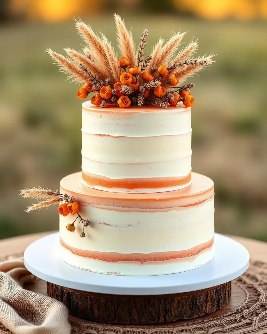 Wedding cake bohème aux tons terracotta avec pampas et fleurs séchées.