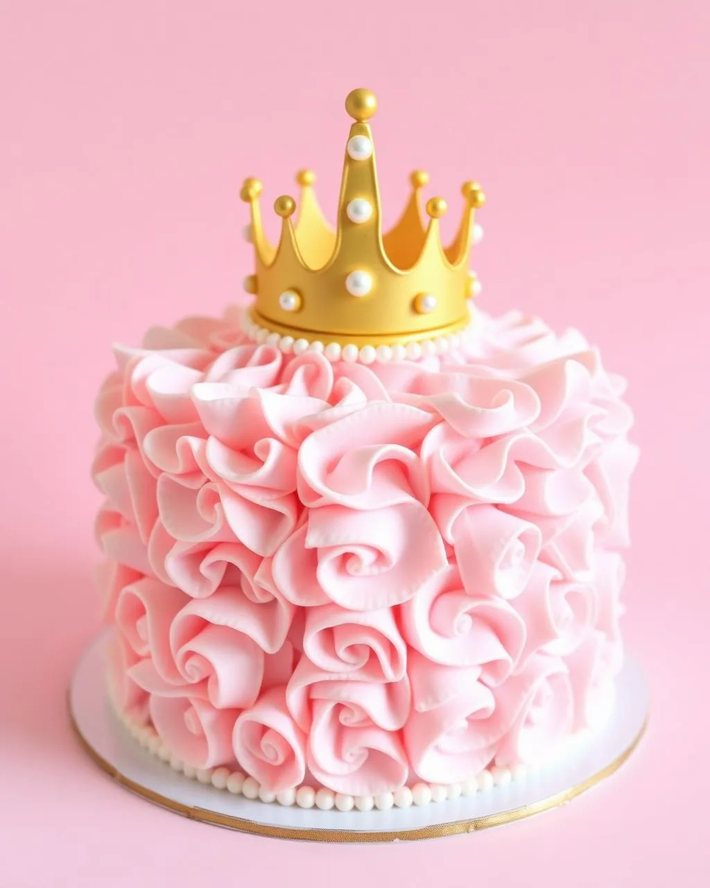 Gâteau anniversaire enfant thème princesse, volants roses et couronne dorée.