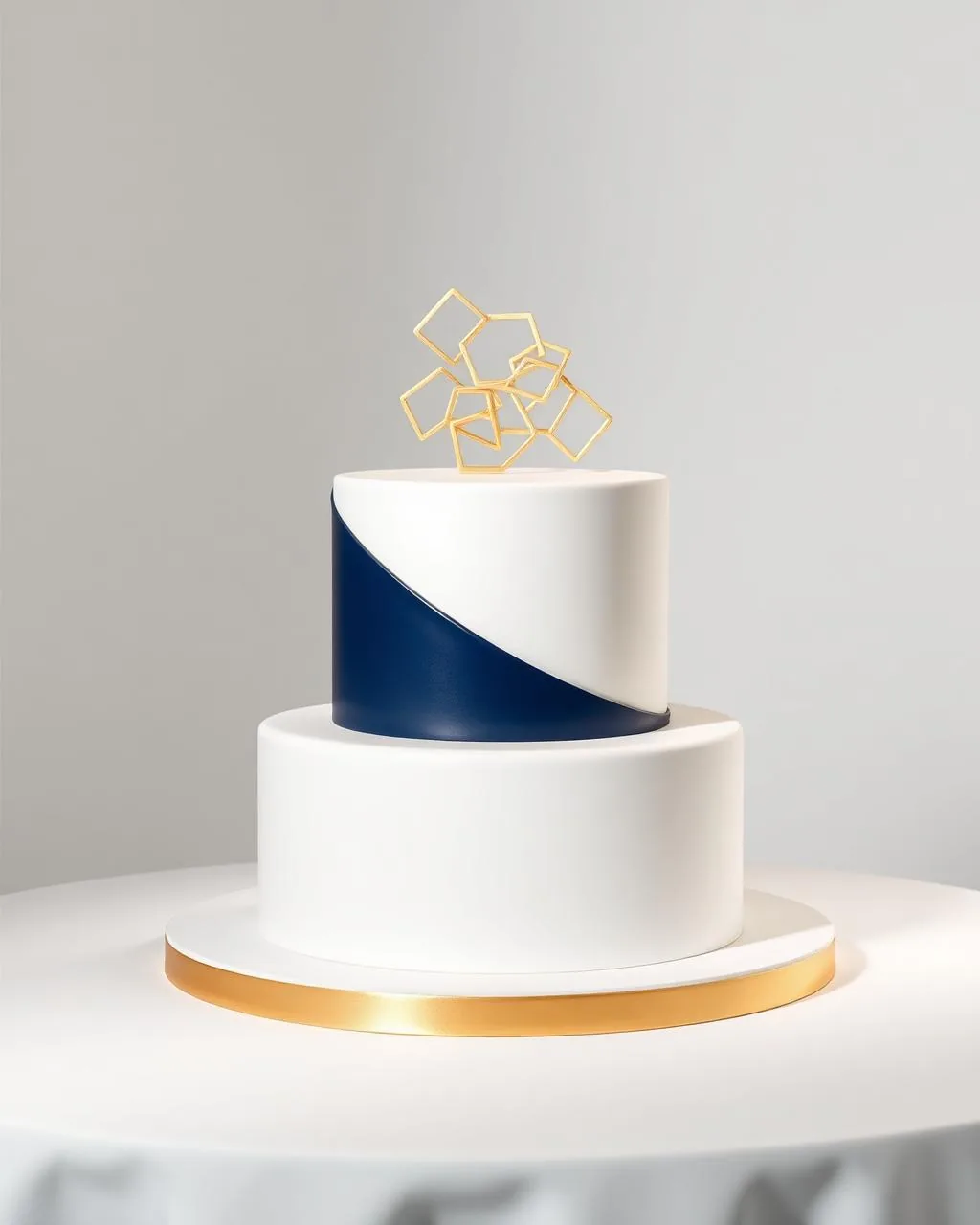 Gâteau événement professionnel bleu marine et blanc avec décor géométrique doré.